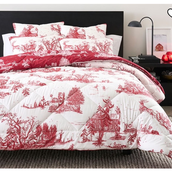 Pottery Barn Reversible Christmas Santa Toile Comforter & Shams NWT Rare HTF - Picture 2 of 8